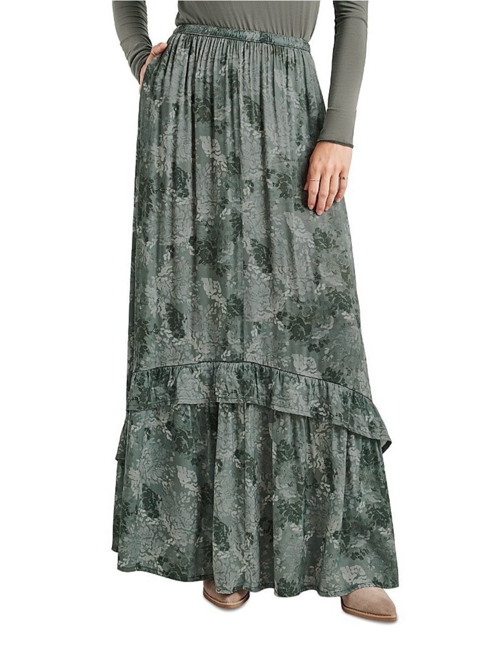 Splendid Olive Green Floral Tiered Maxi Skirt